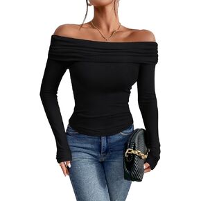 Prettywear Women's Sexy Off Shoulder Tops Y2K T-Shirt Slim Fit Long Sleeves Spring Fall Blouse Going Out Nightout Shirt