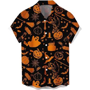 WHO IN SHOP Men's Halloween Short Sleeve Button Down Shirts Hawaiian Casual Printed Beach Shirt