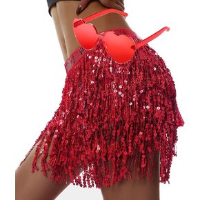Sequin Skirt Sparkle Fringe Skirt Belly Dance Hip Scarf Rave Costume Glitter Skirt with Heart Sunglasses for Women and Girls