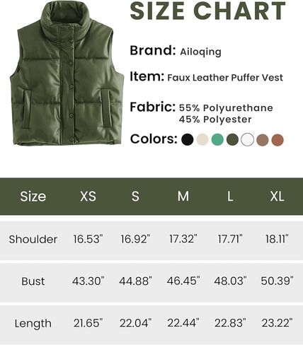 Ailoqing Womens Faux Leather Puffer Vest Zip Up Sleeveless Winter Cropped Jacket in Kuwait