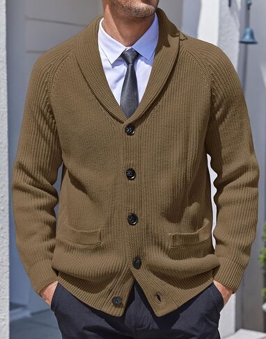 Karlywindow Mens Shawl Collar Cardigan Sweater Cable Knit Button Down Winter Chunky Sweater with Pockets in Kuwait