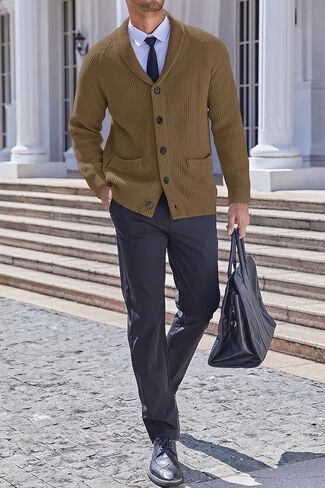 Karlywindow Mens Shawl Collar Cardigan Sweater Cable Knit Button Down Winter Chunky Sweater with Pockets in Kuwait