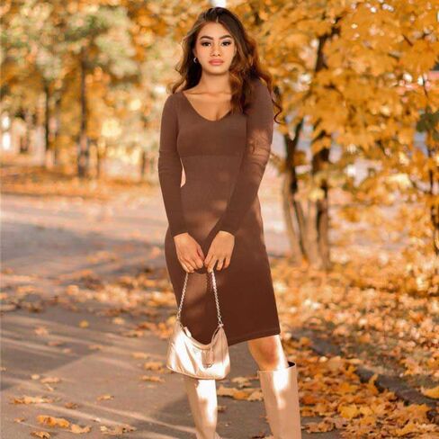 FeelinGirl Bodycon Dress for Women 2023 Long Sleeve Sweater Shaper Dress Fall Shapewear Wedding Guest Midi Dress Built-in Bra in Kuwait