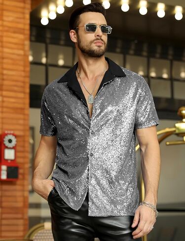 AstoSeu Men's Sequin Dress Shirt 70s Disco Costume Sparkle Party Short Sleeve Button Down Shirts in Kuwait