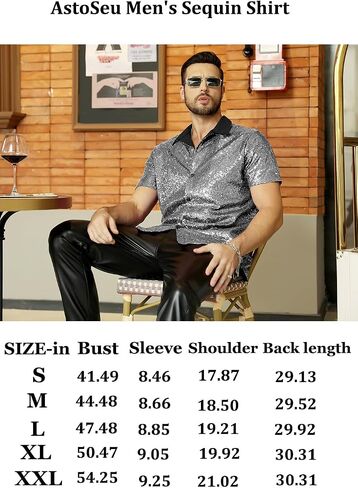 AstoSeu Men's Sequin Dress Shirt 70s Disco Costume Sparkle Party Short Sleeve Button Down Shirts in Kuwait