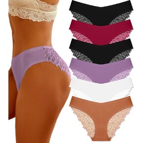 FINETOO 6 Pack Sexy Underwear for Women Silky Seamless No Show Panties Ladies Lace Bikini Lightweight Cheeky Hipster
