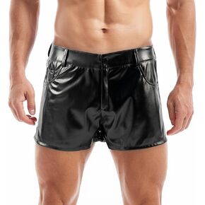 Akkad Kuti Mens Pu Leather Shorts Sexy Rave Hot Shorts Straight Leg Club Party Short Pants with Pockets