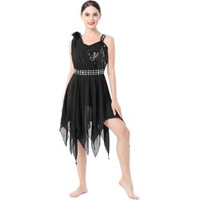 AFAVOM Women's Lyrical Dance Costume Sequin Flower Lyrical Dress Asymmetric Flowy Tulle Skirt Contemporary Dance Costumes