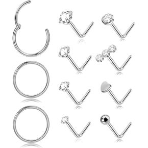 9Pcs 18G 20G Nose Rings Studs: Hinged Hoop Nose Rings for Women Men, Corkscrew Bone L Shaped Nose Studs Hypoallergenic 316L Surgical Steel Nose Piercings Jewelry Small Silver Gold Nose Rings with 1.5/2/3MM Cubic Zirconia