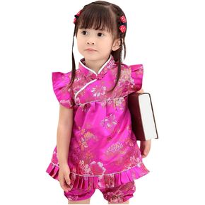 FANCYKIDS Girls Chinese New Years Traditional Qipao Cheongsam Dress Shorts Outfit Set