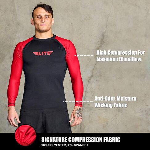 Elite Sports Men's Jiu Jitsu BJJ Rash Guard, Long Full Sleeve Compression Shirt for Sports Nogi Training in Saudi Arabia