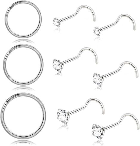 9Pcs 18G 20G Nose Rings Studs: Hinged Hoop Nose Rings for Women Men, Corkscrew Bone L Shaped Nose Studs Hypoallergenic 316L Surgical Steel Nose Piercings Jewelry Small Silver Gold Nose Rings with 1.5/2/3MM Cubic Zirconia in Saudi Arabia