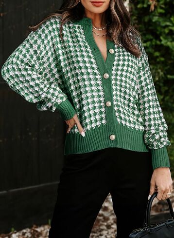 Dokotoo Cardigan Sweaters for Women V Neck Button Down Long Sleeve Plaid Knit Cardigans Sweater Tops in Kuwait