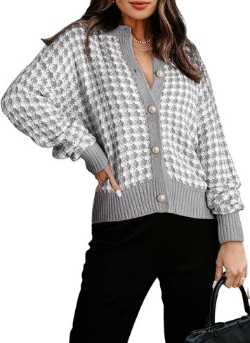 Dokotoo Cardigan Sweaters for Women V Neck Button Down Long Sleeve Plaid Knit Cardigans Sweater Tops in Kuwait