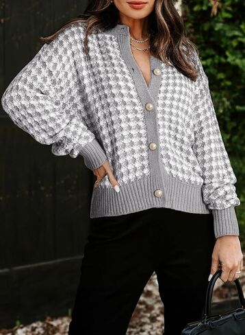 Dokotoo Cardigan Sweaters for Women V Neck Button Down Long Sleeve Plaid Knit Cardigans Sweater Tops in Kuwait