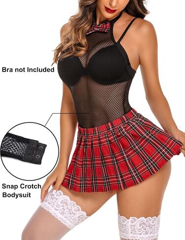 Avidlove Women Schoolgirl Lingerie Sexy Roleplay Lingerie Set Student Snap Crotch Bodysuit and Mini Skirt in Kuwait