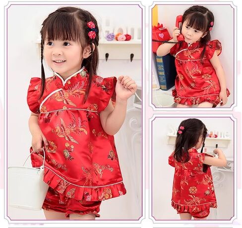 Girls Chinese New Years Traditional Qipao Cheongsam Dress Shorts Outfit Set in Saudi Arabia