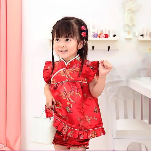 Girls Chinese New Years Traditional Qipao Cheongsam Dress Shorts Outfit Set in Saudi Arabia