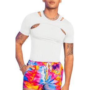 WDIRARA Men's Cut Out Crop Tank Top Round Neck Short Sleeve Slim Fit Knited Summer Tee