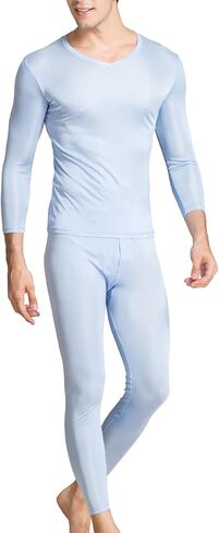 Grenasasilk Men's Silk Long Johns Mulberry Silk Long Underwear V-Neck Breathable Thermal Underwear Sets & Undergarments in Saudi Arabia
