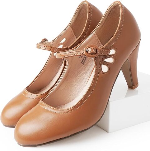 J. Adams Pixie Mary Jane Shoes Women Oxford Pumps - Cute Low Kitten High Heels - Retro Vintage Shoes for Women 1950s Mary Janes Round Toe Shoe with Ankle Strap - Women Dress Shoes in Kuwait