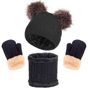 Kids Winter Hat Gloves Scarf Set Knit Beanie for Girls Boys with Cute Pom Pom for 1-10 Years Old