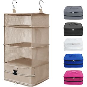 Portable Hanging Travel Shelves Bags, Suitcase Organizer for Travel, Carry-On Closet Insert, Large Capacity Travel Bags Collapsible 4-Shelf Travel Closet with 2 Hooks (Beige)