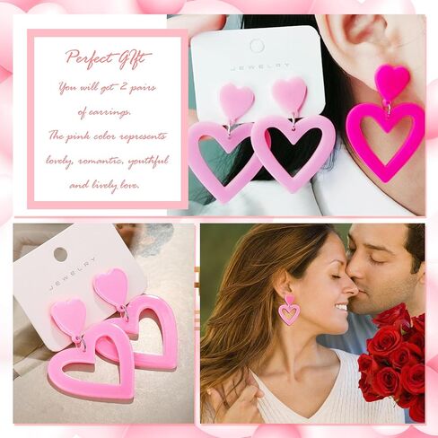 Pink Heart Earrings for Girls Big Heart Hoop Dangle Earrings Pink Earrings Valentine's Day Gifts for Women in Kuwait