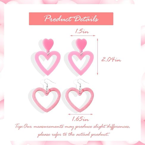 Pink Heart Earrings for Girls Big Heart Hoop Dangle Earrings Pink Earrings Valentine's Day Gifts for Women in Kuwait