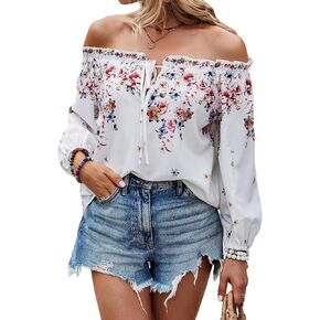 MakeMeChic Women's Floral Off Shoulder Lantern Sleeve Tie Front Blouse Top