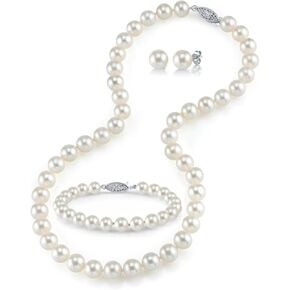 The Pearl Source 14K Gold Pearl Jewelry Set for Women - Freshwater Pearl Necklace and Earring Set with Pearl Bracelet | Genuine Cultured Pearls