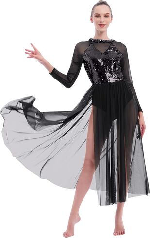 ODASDO المرأة أزياء رقص غنائي الترتر كم طويل شبكة تول فلوي ماكسي فستان طويل موردن المعاصرة Dancewear in Kuwait