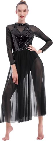 ODASDO المرأة أزياء رقص غنائي الترتر كم طويل شبكة تول فلوي ماكسي فستان طويل موردن المعاصرة Dancewear in Kuwait
