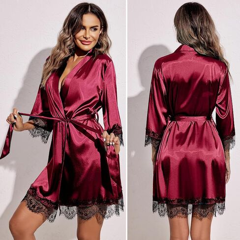 YGNYQJ Women' Silk Satin Pajamas Set 4pcs Lingerie Floral Lace Cami Sleepwear with Robe in Saudi Arabia