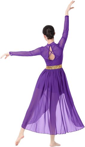 IBAKOM Shiny Sequins Women Lyrical Contemporary Dance Costume Long Sleeve Mesh Glitter Ballroom Prom Dance Dress in Kuwait