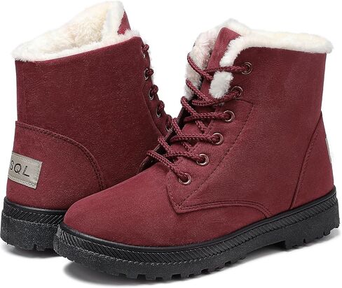 SHIBEVER Winter Snow Boots for Women: Warm Fur Lined Ankle Boots Comfortable Suede Lace Up Booties Cute Flat Shoes in Kuwait