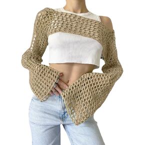 Bnigung Women's Mesh Crochet Crop Tops Shrugs Sexy Y2k Hollow Out Cropped Knit Sweater See Through Bikini Cover Ups