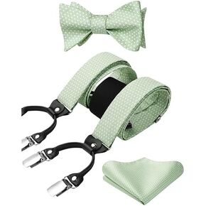 HISDERN Bow tie and Suspenders for Men Plaid Suspender Self Bowtie Pocket Square Adjustable Y Shape Mens Trouser Braces