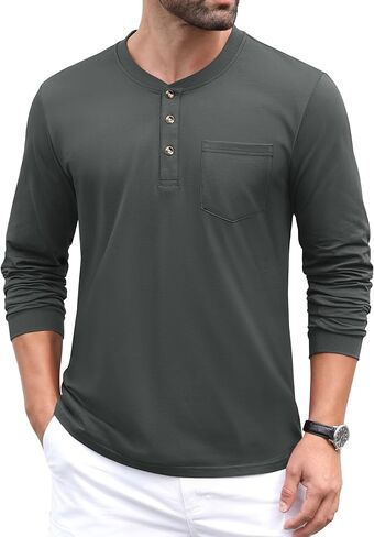 تي شيرت رجالي من MAGCOMSEN بأكمام طويلة من Henley تي شيرت بجيب تي شيرت للرجال من القطن Henley كاجوال بزر بلاكيت ملابس يومية in Kuwait