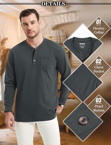 تي شيرت رجالي من MAGCOMSEN بأكمام طويلة من Henley تي شيرت بجيب تي شيرت للرجال من القطن Henley كاجوال بزر بلاكيت ملابس يومية in Kuwait