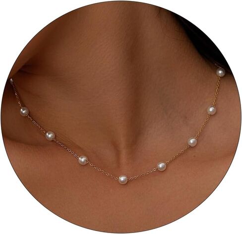 Meeran Pearl Necklace for Women, Dainty 14K Gold/Silver Plated Pearl Necklace Simple White Pearls Choker Necklace Cute Pearl Thin Chain Necklace Elegant Tiny Small Faux Pearl Necklaces Women Girls Wedding Jewelry Gift in Kuwait