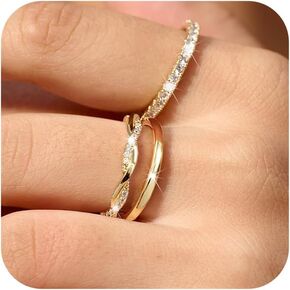 DEARMAY Stackable Gold Rings for Women Non Tarnish, Dainty 14K Real Gold Diamond Rings Set Thumb Fashion Thin Cubic Zirconia Ring Pack Simple Unique Statement Rings Gold Jewlery Women 5/6/7/8/9/10