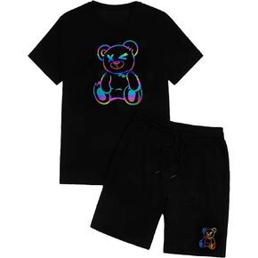 GORGLITTER Men's Casual 2 Piece Outfits Bear Graphic Print Tee and Drawstring Waist Track Shorts Set with Pockets