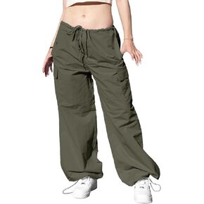 MEALMATO White Parachute Pants Drawstring Y2K Baggy Pants Elastic Low Waist Trousers Parachute Cargo Pants with Pockets