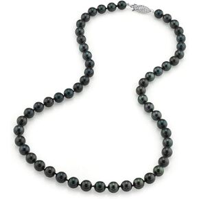 The Pearl Source Black Akoya Japanese Pearl Necklace for Women - 14k Gold Pearl Strand Necklace | 18in Long Pearl Necklace with Genuine Cultured Pearls, 5.0mm-9.0mm