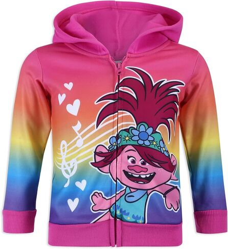 سترة بغطاء للرأس بسحاب من Dreamworks Trolls World Tour للأطفال الصغار والفتيات الصغيرات والفتيات الكبيرات - وردي in Saudi Arabia