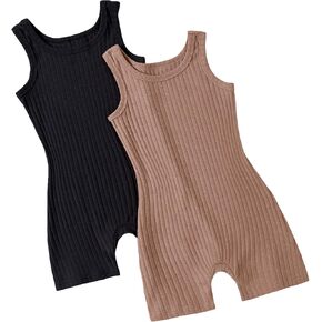 SHENHE Girl's 2 Piece Solid Scoop Neck Sleeveless Ribbed Knit Short Romper Jumpsuit