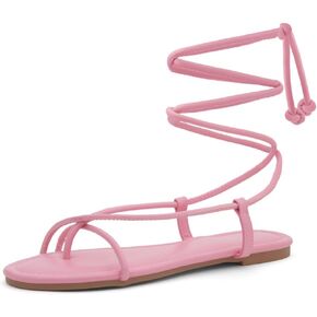 Shoe Land Womens SL-Auday Lace Up Flat Sandals Open Toe Wrap Ankle Strap Shoes