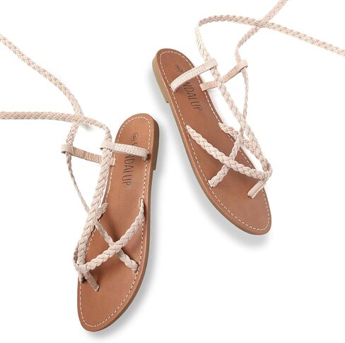 Trary Womens Woven Braided Lace Up Flat Sandals Strappy Gladiator Open Toe Tie Up Ankle Wrap Summer Cute Flats Comfortable Casual Beach Vacation Dressy Walking Shoes in Saudi Arabia