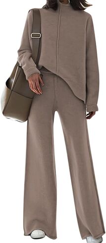 HUUSA Women's 2 Piece Sweatsuit Outfits Long Sleeve High Neck Knit Pullover Sweater Top High Waist Wide Legs Pants Lounge Set in Saudi Arabia
